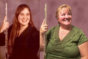 Karen Commins with her flutes -- then in 1977 (l) and now in 2017 (r). Although she went back to the flute, she will NEVER go back to long hair!