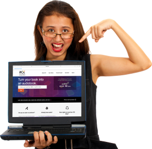 Girl holding laptop with ACX on the screen