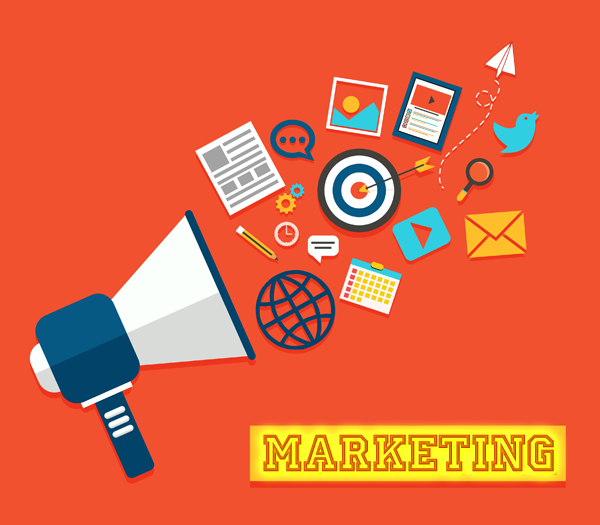 megaphone with icons for marketing channels