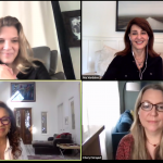 Zoom window of panelists Krista Vernoff, Debbie Allen, Cheryl Strayed, Nia Vardalos